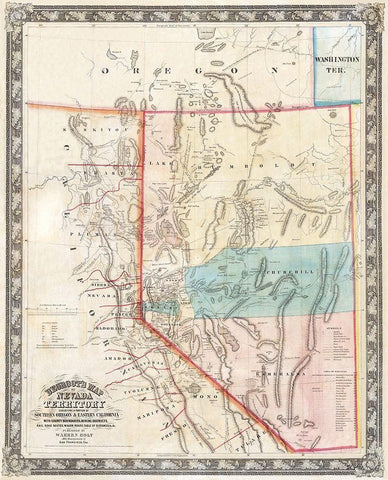Nevada - Rand McNally 1897 Black Ornate Wood Framed Art Print with Double Matting by Rand McNally