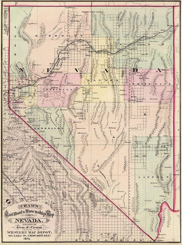 Nevada Railroads and Townships - Cram 1875 Black Ornate Wood Framed Art Print with Double Matting by Cram