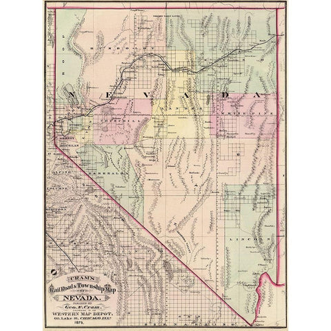 Nevada Railroads and Townships - Cram 1875 Gold Ornate Wood Framed Art Print with Double Matting by Cram