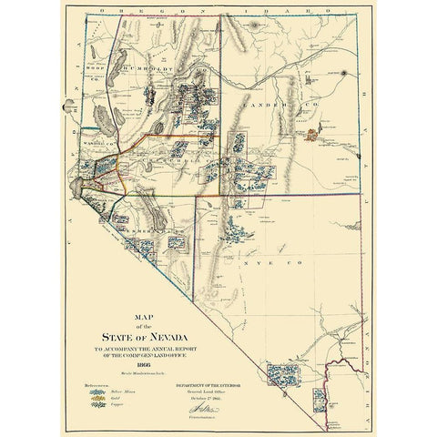 Mining Nevada - General Land Office 1866 Gold Ornate Wood Framed Art Print with Double Matting by General Land Office