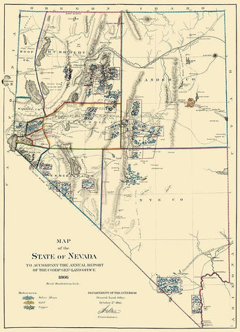 Mining Nevada - General Land Office 1866 Black Ornate Wood Framed Art Print with Double Matting by General Land Office