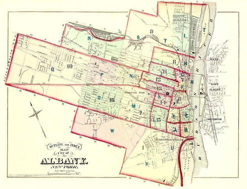 Albany New York Outline and Index - Hopkins 1876 Black Ornate Wood Framed Art Print with Double Matting by Hopkins