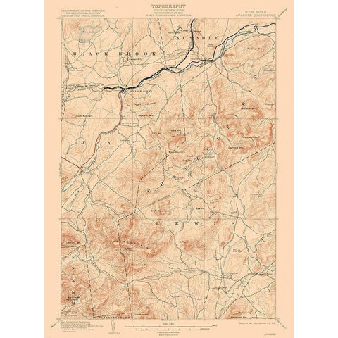 Ausable New York Quad - USGS 1903 Gold Ornate Wood Framed Art Print with Double Matting by USGS