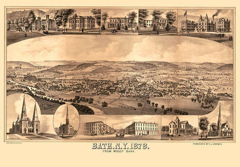 Bath New York - Corbin 1878  Black Ornate Wood Framed Art Print with Double Matting by Corbin