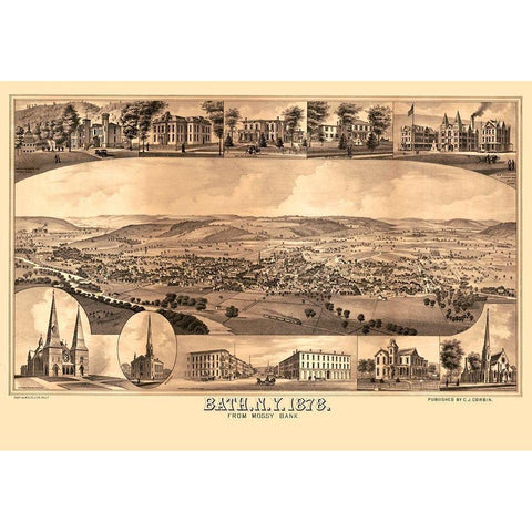 Bath New York - Corbin 1878  Black Modern Wood Framed Art Print by Corbin