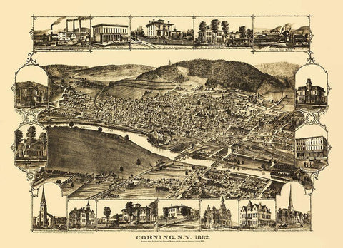 Corning New York - Corbin 1882 Black Ornate Wood Framed Art Print with Double Matting by Corbin