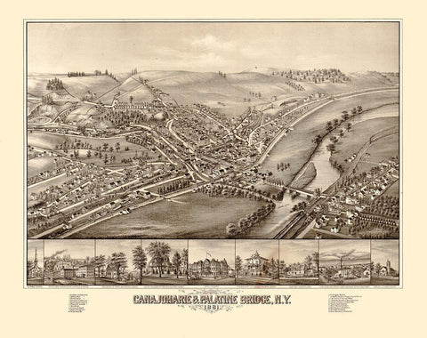 Canajoharie Palatine Bridge New York -1881 Black Ornate Wood Framed Art Print with Double Matting by Unknown