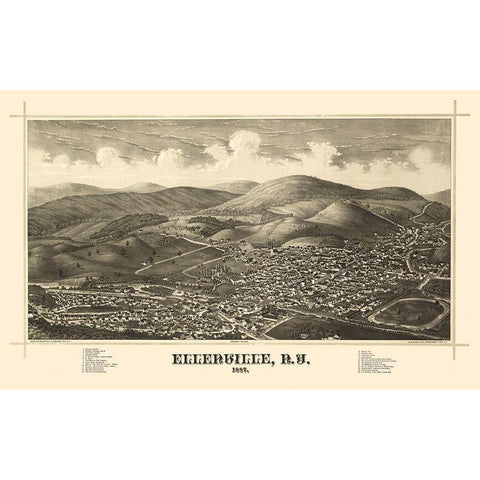 Ellenville New York - Burleigh 1887  Gold Ornate Wood Framed Art Print with Double Matting by Burleigh