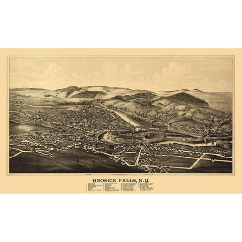 Hoosick Falls New York - Burleigh 1889  Gold Ornate Wood Framed Art Print with Double Matting by Burleigh