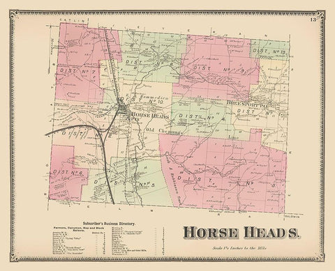 Horse Heads New York Landowner - Beers 1869 Black Ornate Wood Framed Art Print with Double Matting by Beers