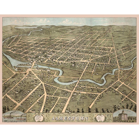 Jamestown New York -1871 Black Modern Wood Framed Art Print with Double Matting by Unknown