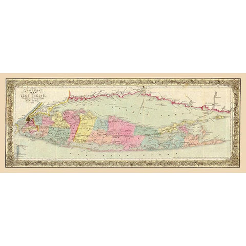 Long Island New York - Colton 1857  White Modern Wood Framed Art Print by Colton