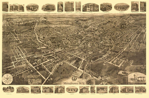 Middletown New York - Fowler 1921  Black Ornate Wood Framed Art Print with Double Matting by Fowler