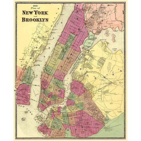 New York, Brooklyn New York - Beers 1868 Gold Ornate Wood Framed Art Print with Double Matting by Beers