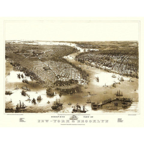 New York Brooklyn New York - Guerber 1851 Gold Ornate Wood Framed Art Print with Double Matting by Guerber