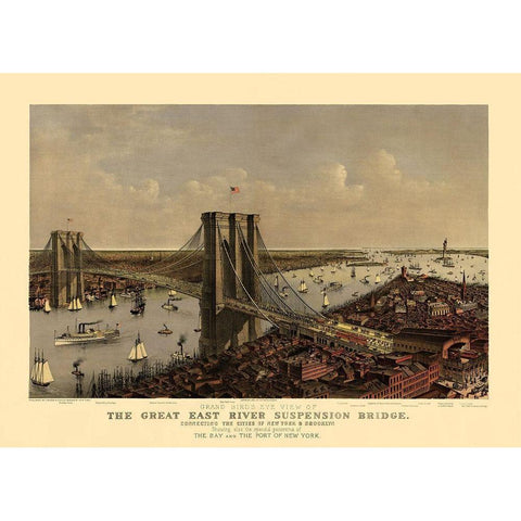 East River Suspension Bridge New York White Modern Wood Framed Art Print by Currier