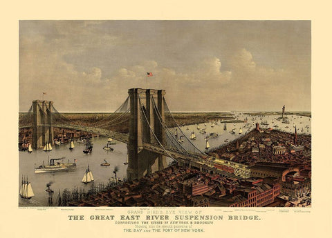 East River Suspension Bridge New York Black Ornate Wood Framed Art Print with Double Matting by Currier