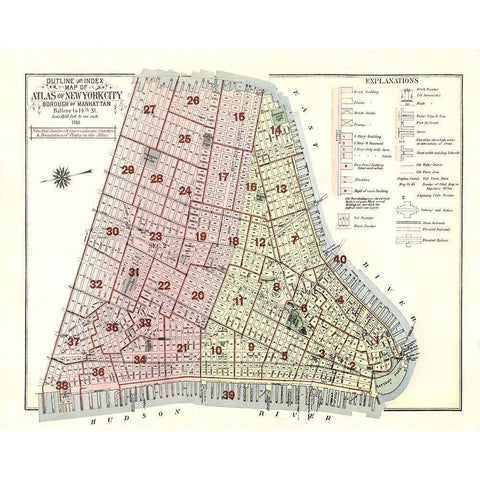New York, Manhattan New York - 1916 Gold Ornate Wood Framed Art Print with Double Matting by Unknown