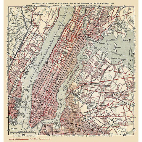 New York City Northward to High Bridge - 1894 Black Modern Wood Framed Art Print with Double Matting by Unknown