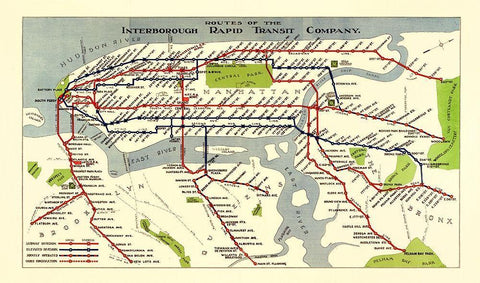 New York City IRT Routes - 1924 Black Ornate Wood Framed Art Print with Double Matting by Unknown