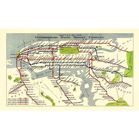 New York City IRT Routes - 1924 Black Modern Wood Framed Art Print with Double Matting by Unknown