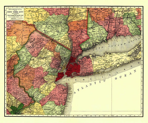 New York City Railroads - Rand McNally 1908 Black Ornate Wood Framed Art Print with Double Matting by Rand McNally