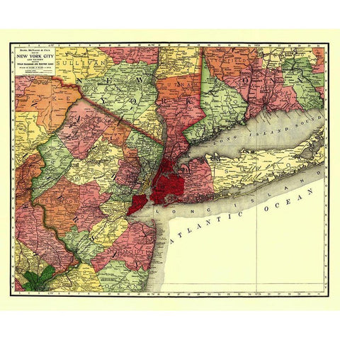 New York City Railroads - Rand McNally 1908 Gold Ornate Wood Framed Art Print with Double Matting by Rand McNally