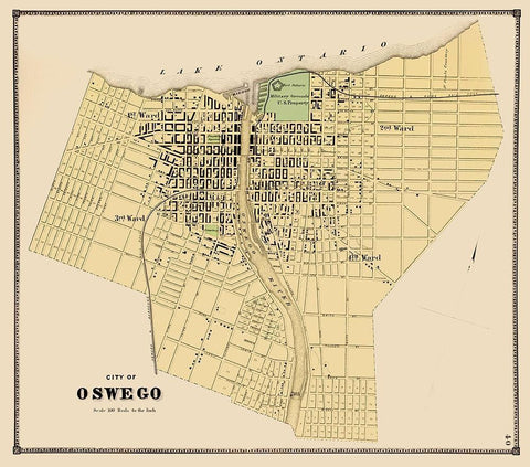 Oswego New York Plat - Stone 1866 Black Ornate Wood Framed Art Print with Double Matting by Stone