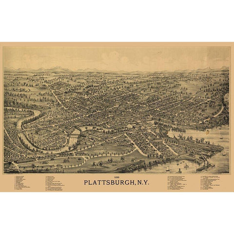 Plattsburgh New York - Burleigh 1899  Gold Ornate Wood Framed Art Print with Double Matting by Burleigh