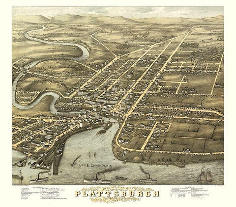 Plattsburgh New York - Stoner 1877  Black Ornate Wood Framed Art Print with Double Matting by Stoner