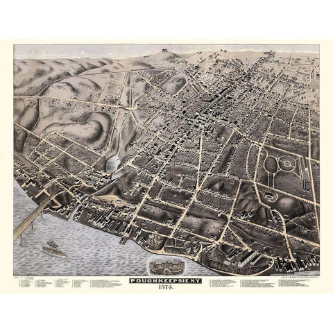 Poughkeepsie New York - Bailey 1874  Gold Ornate Wood Framed Art Print with Double Matting by Bailey