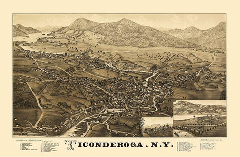 Ticonderoga City New York - Beck 1884 Black Ornate Wood Framed Art Print with Double Matting by Beck