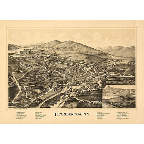 Ticonderoga New York - Burleigh 1891  Gold Ornate Wood Framed Art Print with Double Matting by Adkins