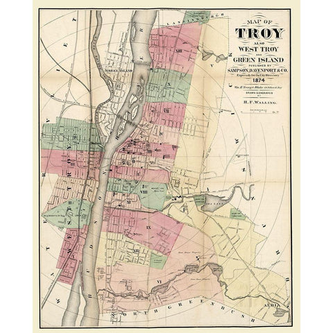 Troy New York - Walling 1874  Gold Ornate Wood Framed Art Print with Double Matting by Walling