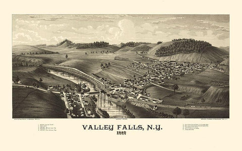 Valley Falls New York - Burleigh 1887  Black Ornate Wood Framed Art Print with Double Matting by Burleigh