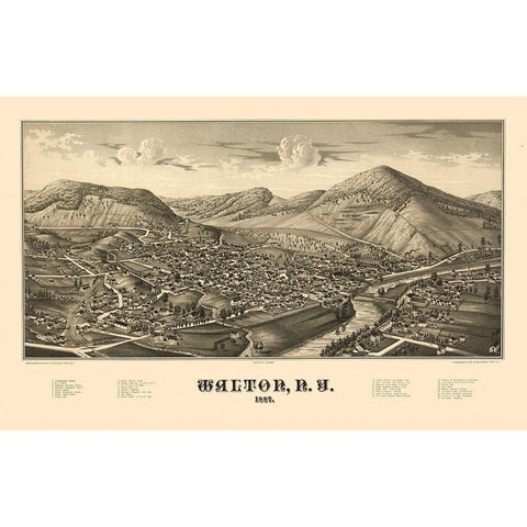 Walton New York - Burleigh 1887  Gold Ornate Wood Framed Art Print with Double Matting by Burleigh