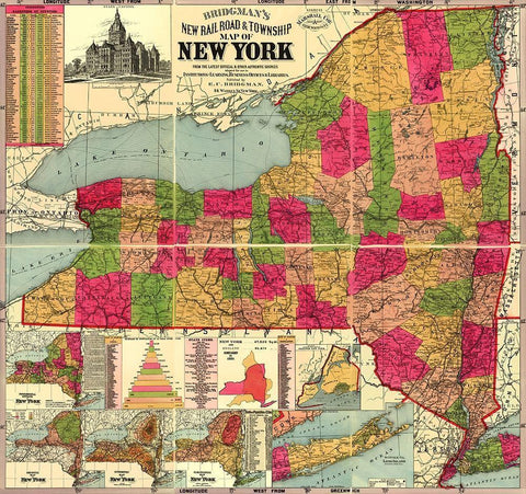 New York Railroads and Townships - Bridgman 1896 Black Ornate Wood Framed Art Print with Double Matting by Bridgman