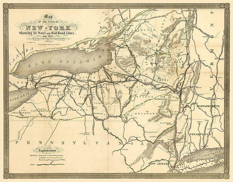 New York Railroads- Clark 1855  Black Ornate Wood Framed Art Print with Double Matting by Clark