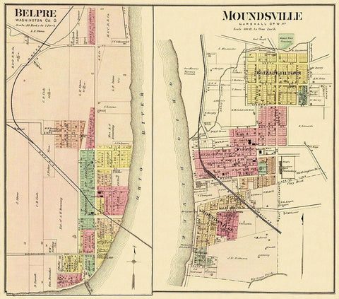 Belpre, Moundsville Ohio Landowner - Hayes 1877 Black Ornate Wood Framed Art Print with Double Matting by Hayes