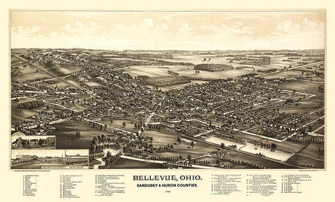 Bellevue Ohio - Norris 1888  Black Ornate Wood Framed Art Print with Double Matting by Norris