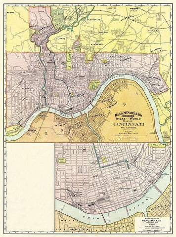 Cincinatti Ohio - Rand McNally 1897 Black Ornate Wood Framed Art Print with Double Matting by Rand McNally