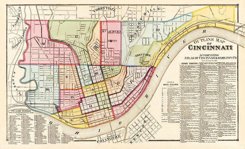 Cincinnati, Outline Ohio Outline - Titus 1869 Black Ornate Wood Framed Art Print with Double Matting by Titus