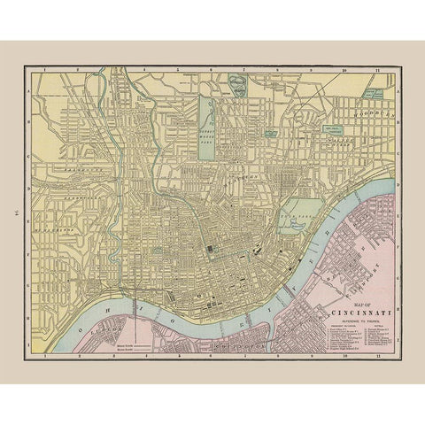 Cincinnati  Ohio - Cram 1892 Gold Ornate Wood Framed Art Print with Double Matting by Cram