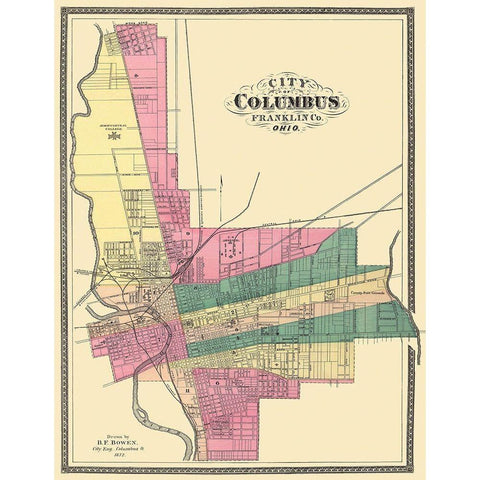 Columbus Ohio - Bowen 1872 Gold Ornate Wood Framed Art Print with Double Matting by Bowen