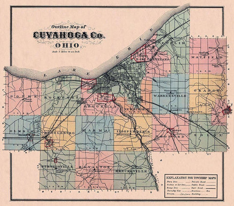 Cuyahoga Ohio Outline - 1876 Black Ornate Wood Framed Art Print with Double Matting by Unknown