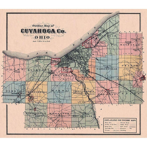 Cuyahoga Ohio Outline - 1876 Black Modern Wood Framed Art Print by Unknown