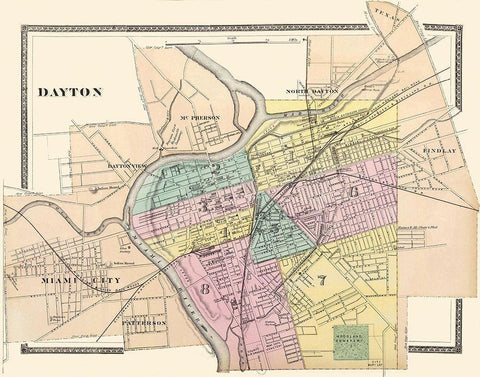 Dayton Ohio - Walling 1876 Black Ornate Wood Framed Art Print with Double Matting by Walling