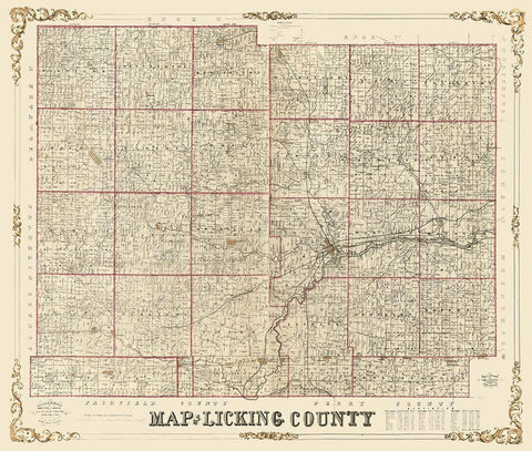 Licking County Ohio - Roell 1854  Black Ornate Wood Framed Art Print with Double Matting by Roell
