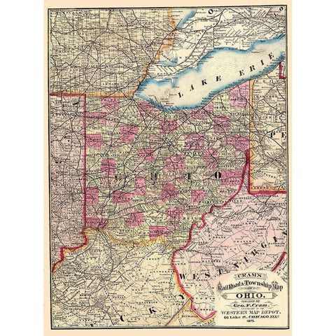 Ohio Railroads and Townships - Cram 1875 White Modern Wood Framed Art Print by Cram