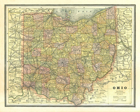 Ohio - Cram 1886 Black Ornate Wood Framed Art Print with Double Matting by Cram